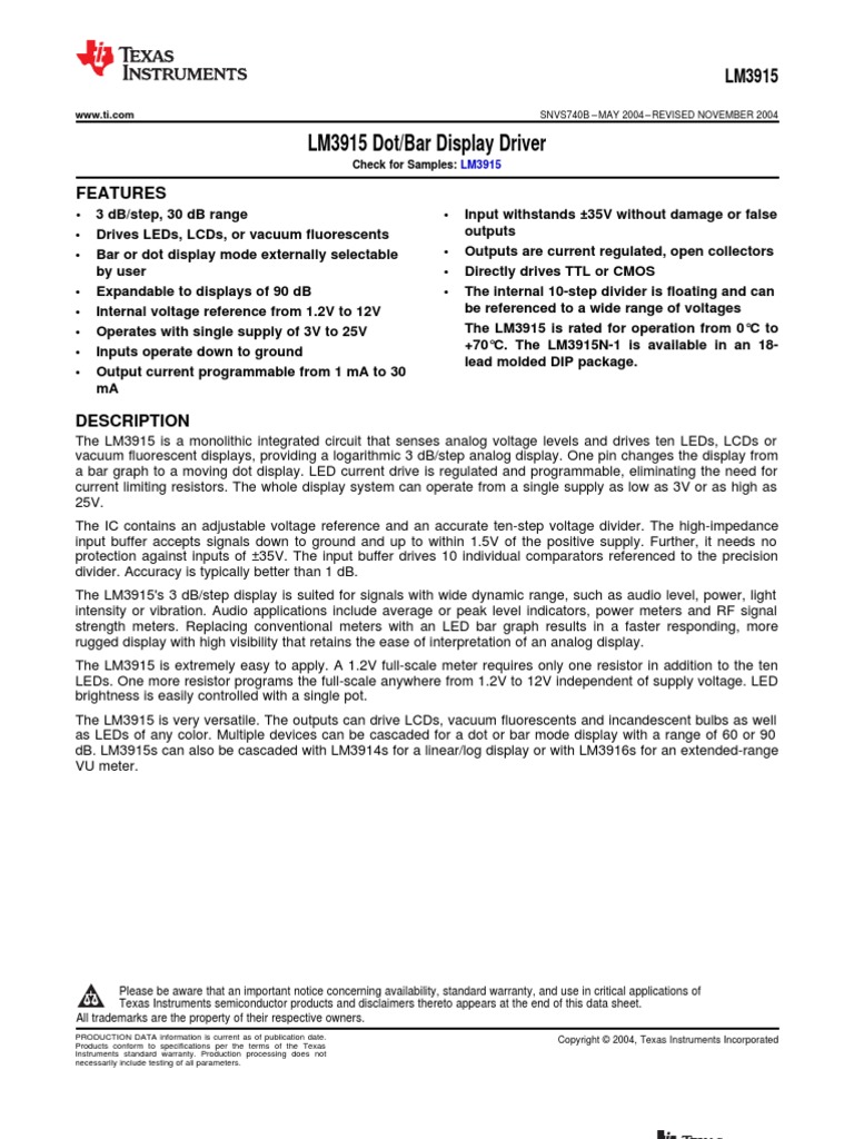 LM3915 DataSheet | PDF | Operational Amplifier | Amplifier
