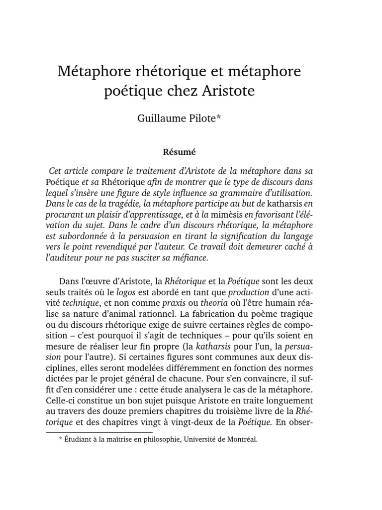Métaphore Rhétorique Et Métaphore Poétique Chez Aristote - 