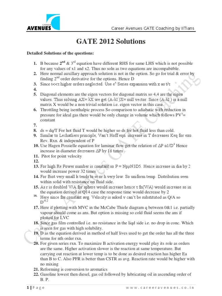 GATE 2012 Solutions by IITians | PDF | Gibbs Free Energy | Eigenvalues ...