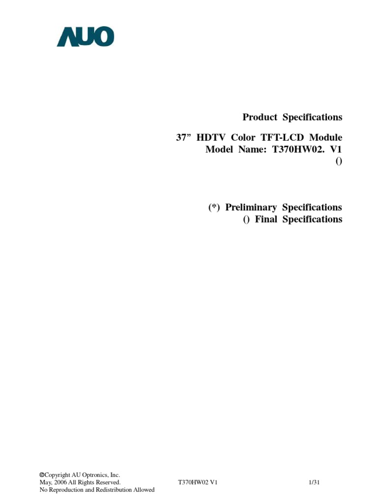 Auo t370hw02 v1 Lcdpanel Datasheet | PDF | Thin Film Transistor Liquid ...