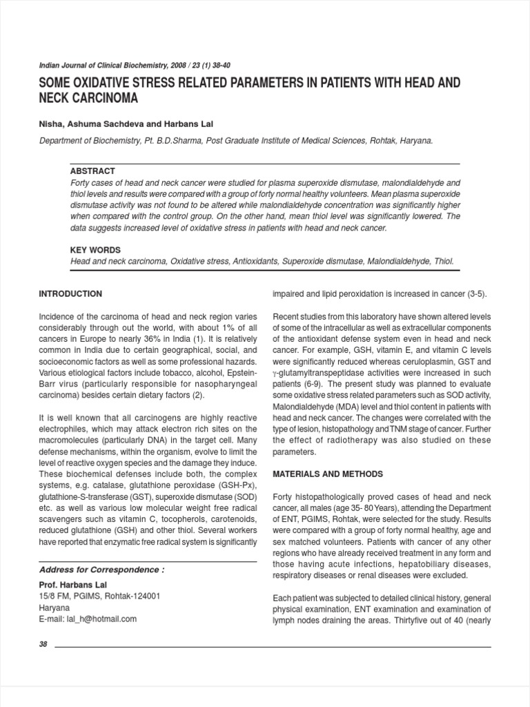 Oxidative Stress in Head & Neck Cancer | PDF
