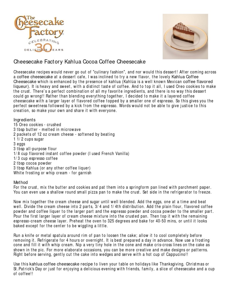 CheeseCake Factory Kahlua Cocoa Coffee Cake PDF Cheesecake Desserts