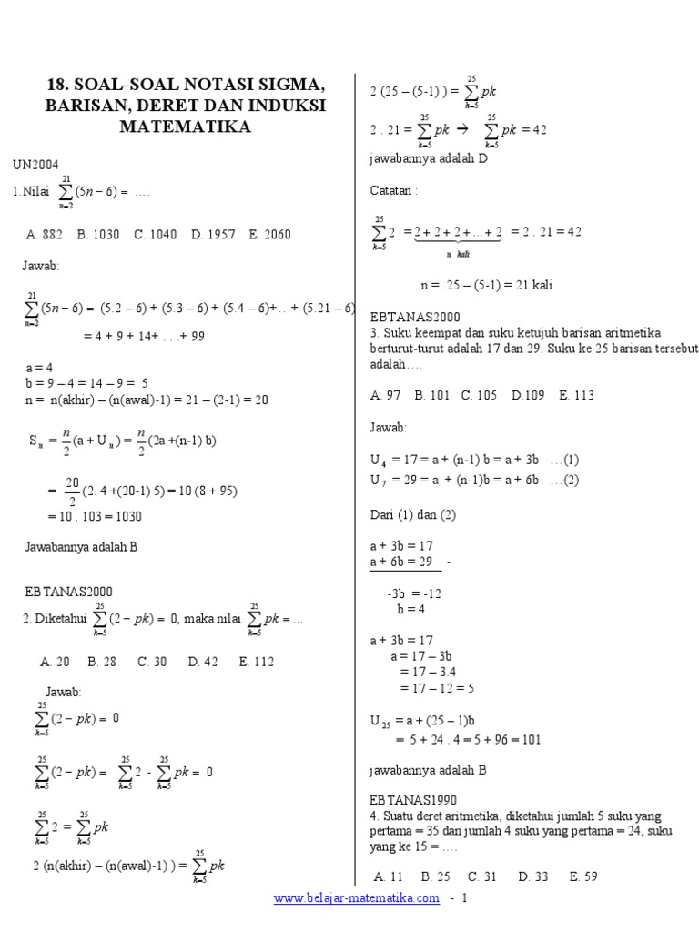 Soal Soal Notasi Sigma Barisan Deret Dan Induksi Matematika