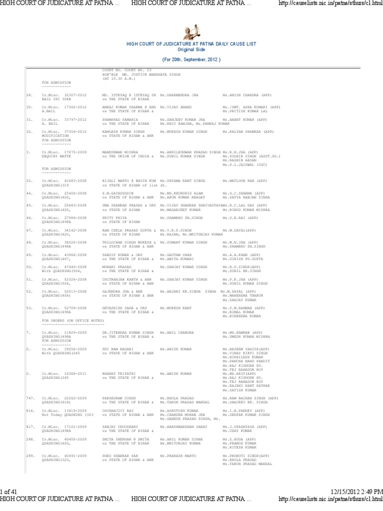 Judicial Branch Case Number Chennai High Court Daily Cause List