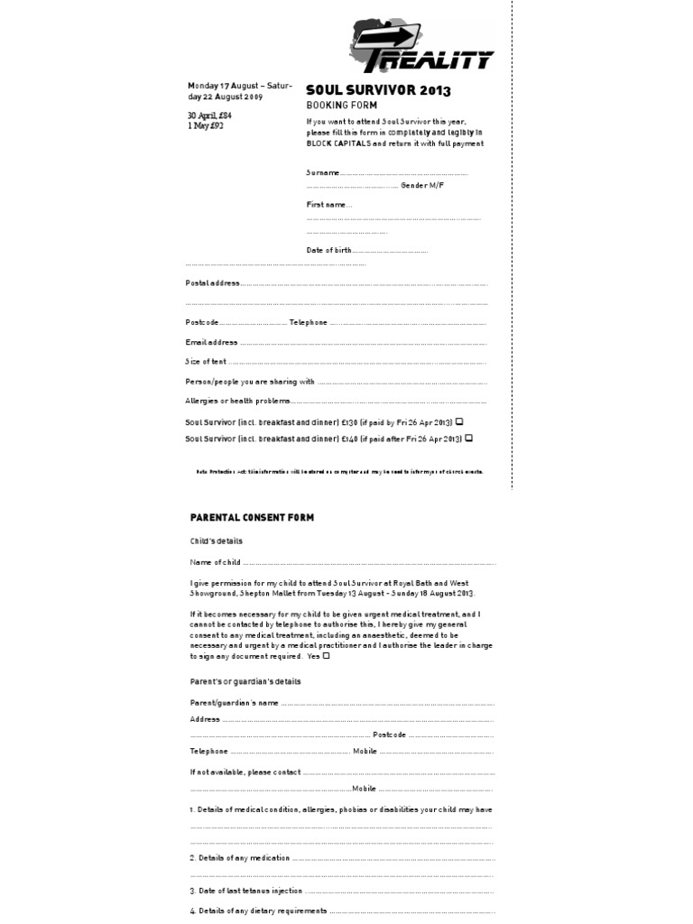 Soul Survivor 2013 Booking Form | PDF