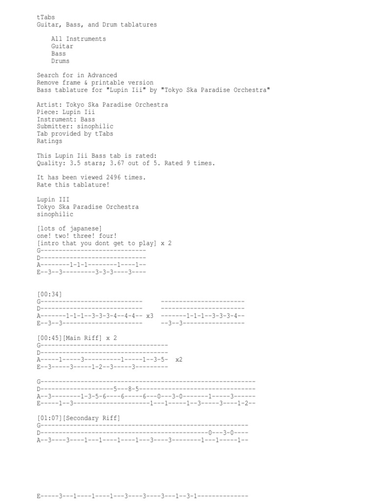 Tspo Lupin The Third Bass Tab