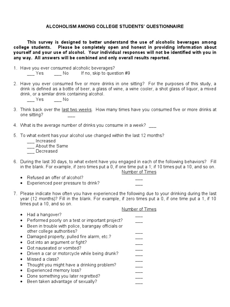 Alcoholism Questionnaire PDF Alcoholic Drinks Alcoholism