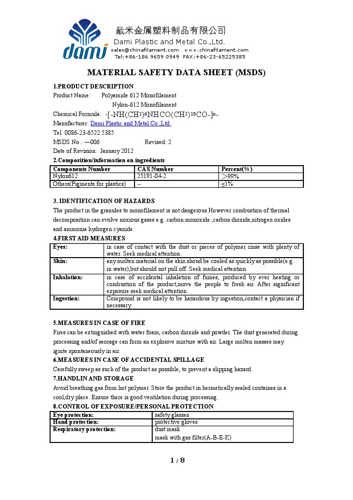 Dami Filament-Msds Pa610612pbt | PDF | Carbon Monoxide | Plastic