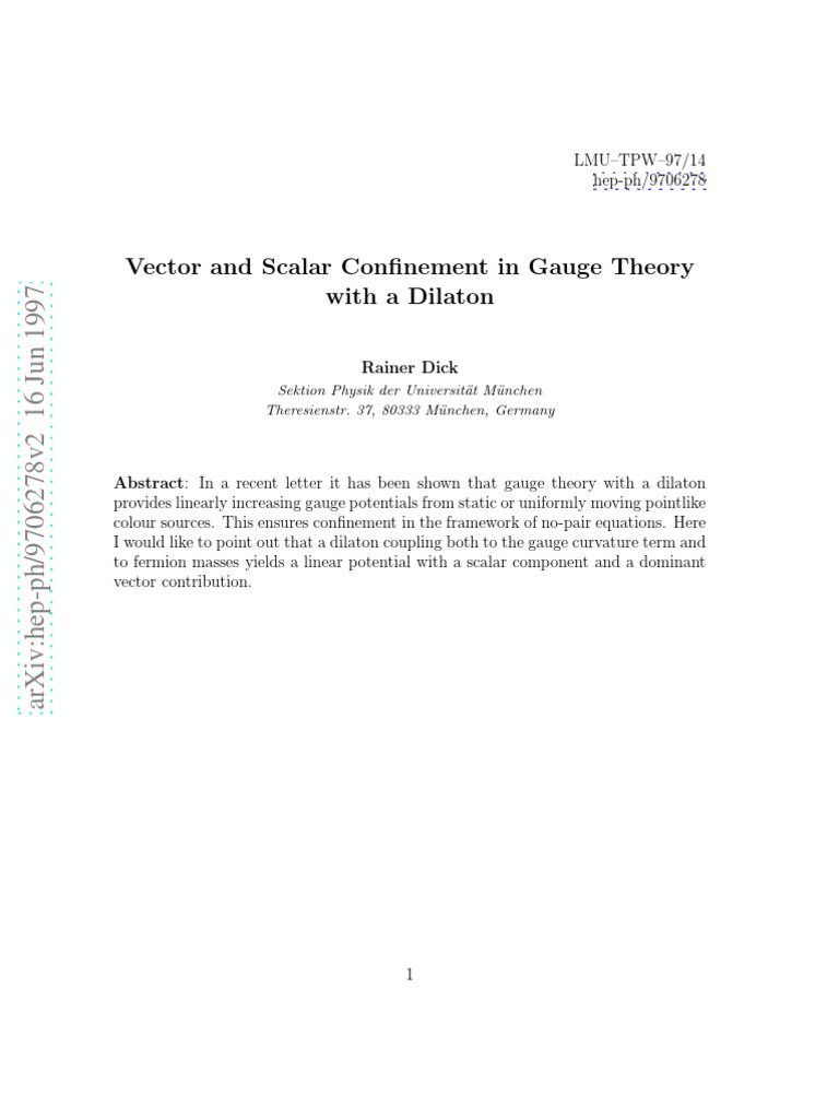 Vector and Scalar Confinement in Gauge Theory With A Dilaton | PDF ...