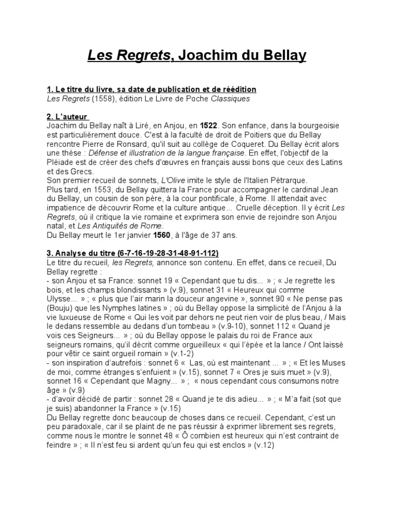 Les Regrets Du Bellay Résumé Par Chapitre