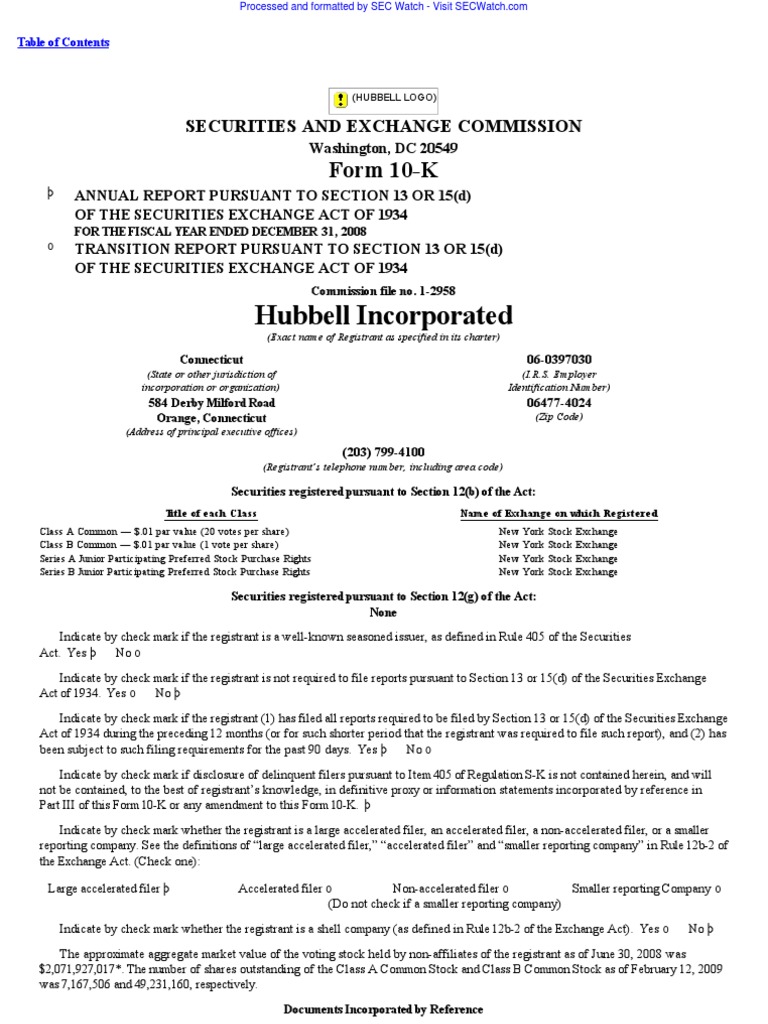 HUBBELL INC 10K (Annual Reports) 20090220 PDF Form 10 K