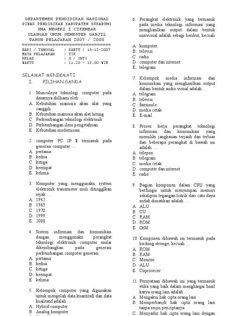 soal tik essay kelas 10