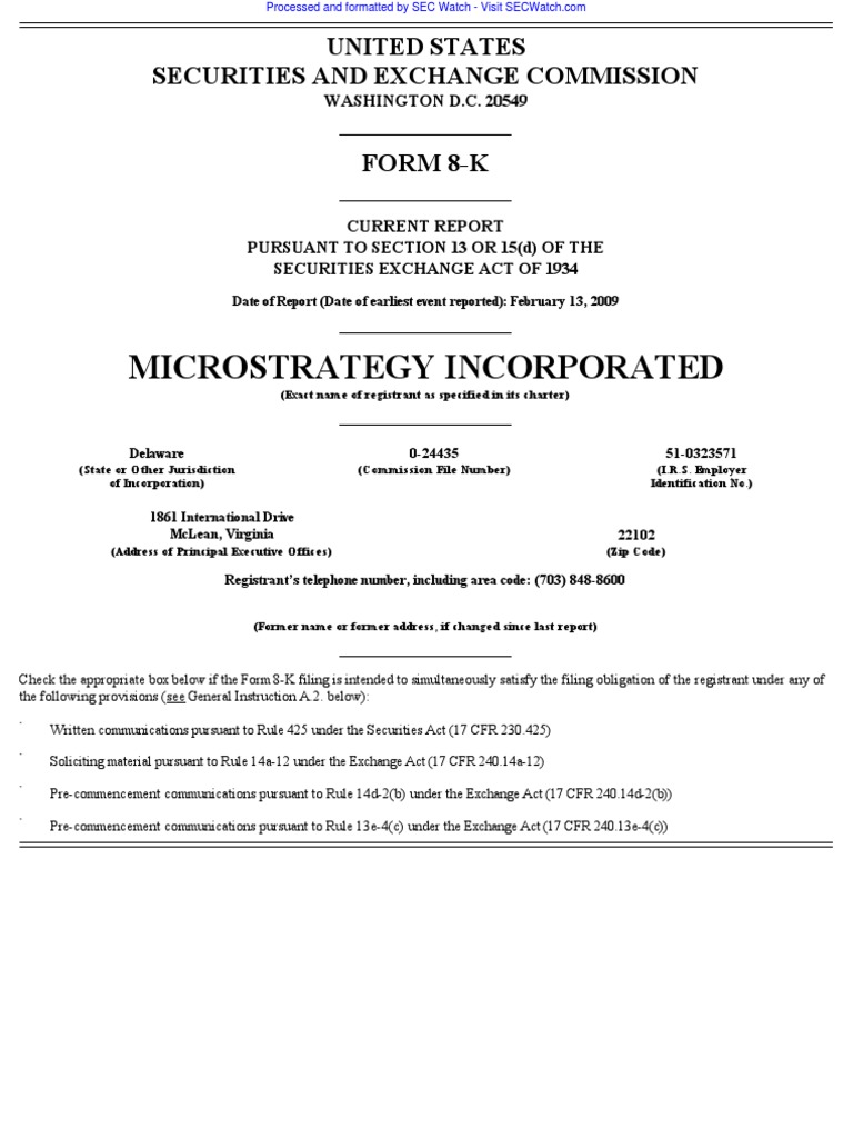 MICROSTRATEGY INC 8-K (Events or Changes Between Quarterly Reports ...
