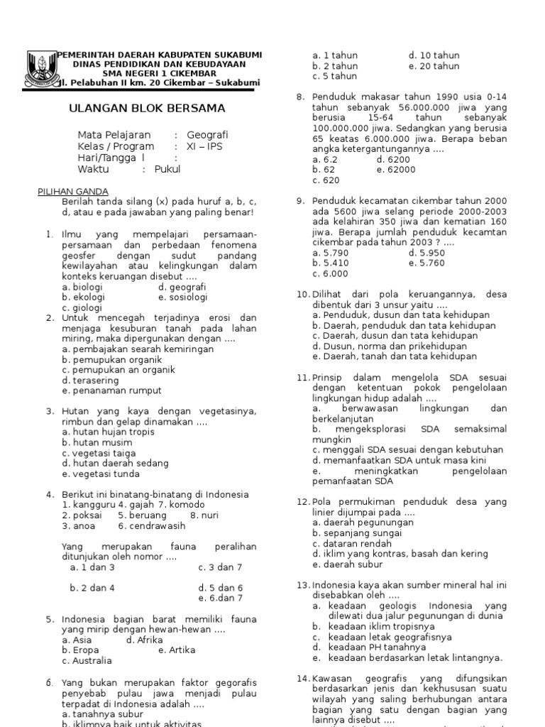 Soal Geografi Kelas 12 Tentang Wilayah Dan Perwilayahan