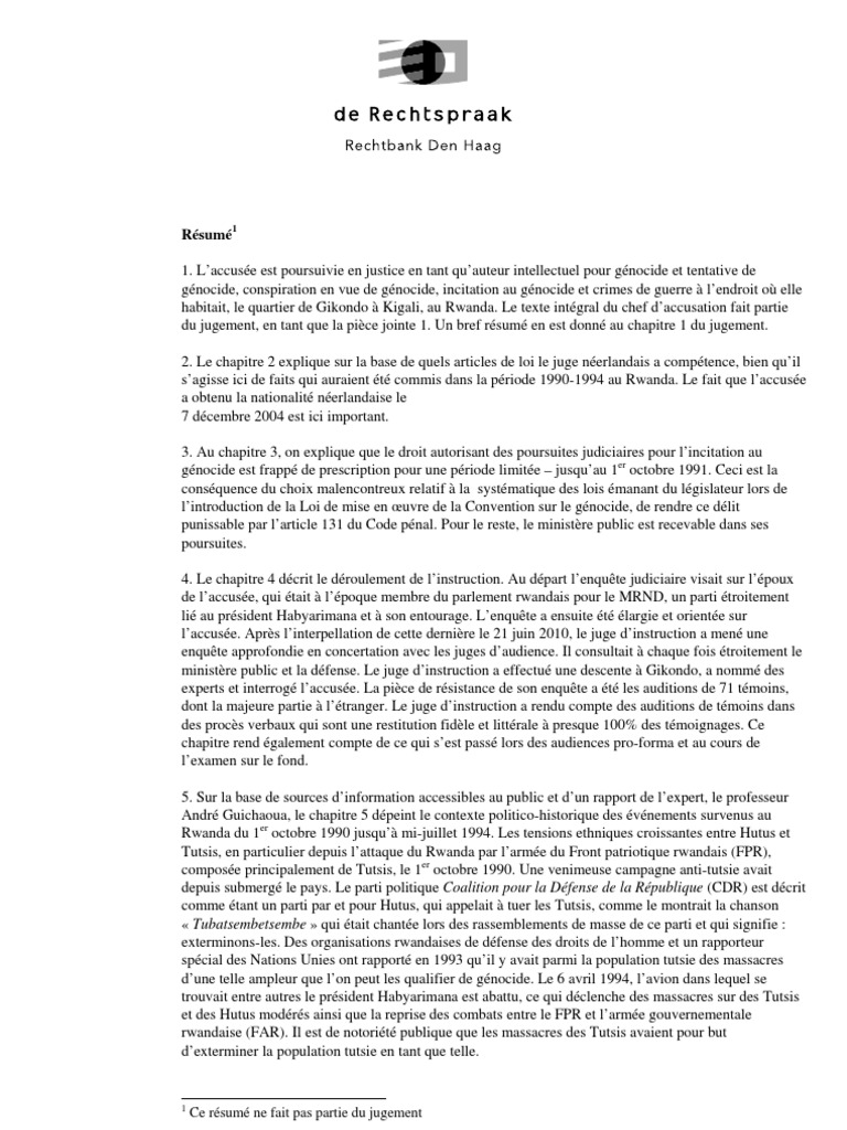 Une Jeunesse Au Temps De La Shoah Résumé Chapitre 2 Résumé Du Jugement Yvonne Basebya | PDF | Rwanda | Génocides