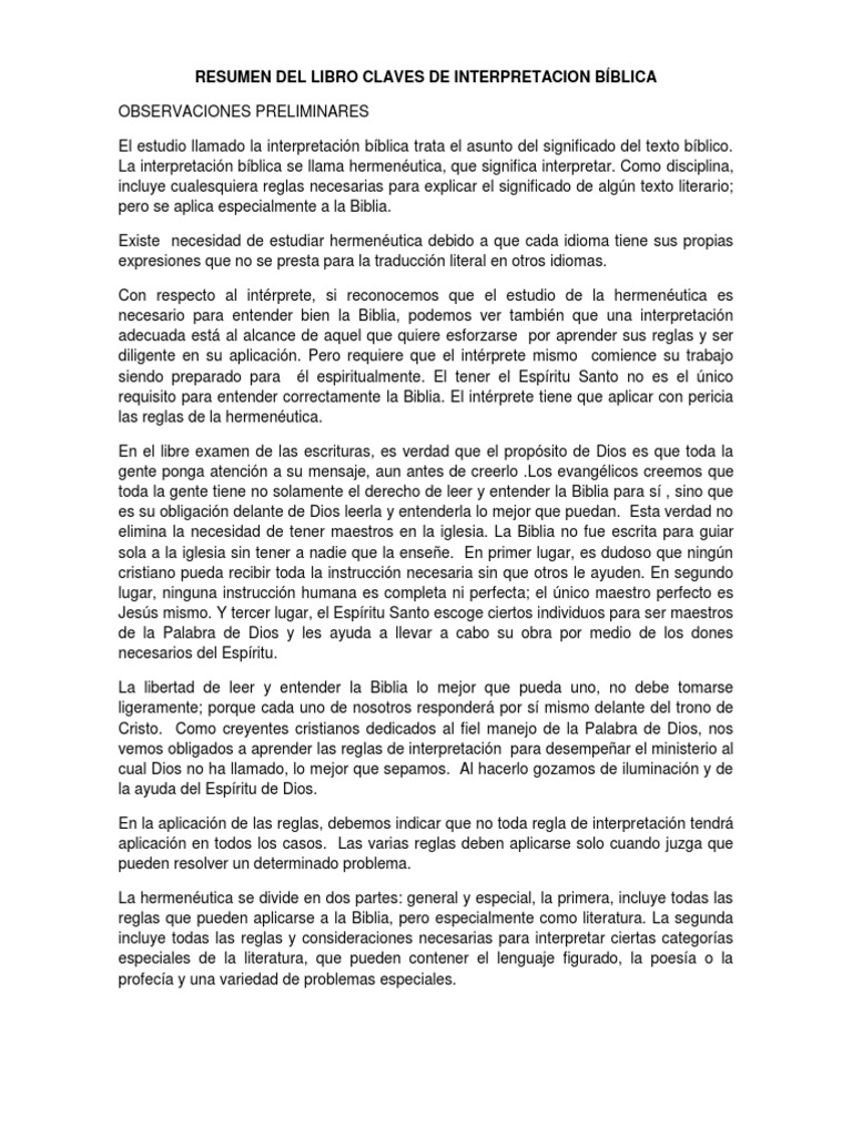 Resumen Del Libro Del Claves de Interpretacion Biblica