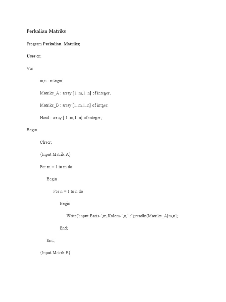 Program Operasi Matriks dalam Pascal | PDF