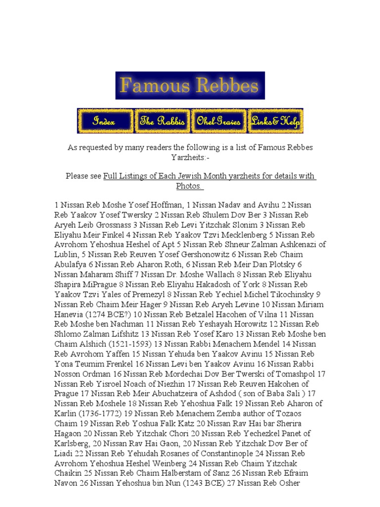 Famous Rebbes and Yarzheits List | PDF | Jewish Religious Movements ...