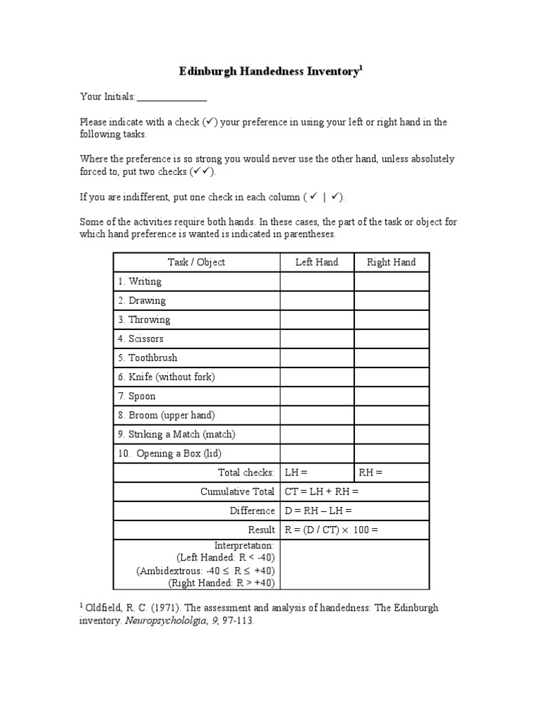 Edinburgh Handedness Inventory Pdf Handedness Asymmetry
