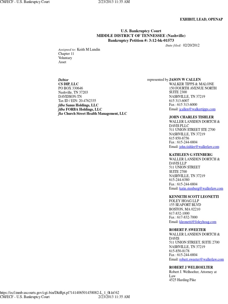 Church Street Health Management Bankruptcy Docket 312bk01573 PDF