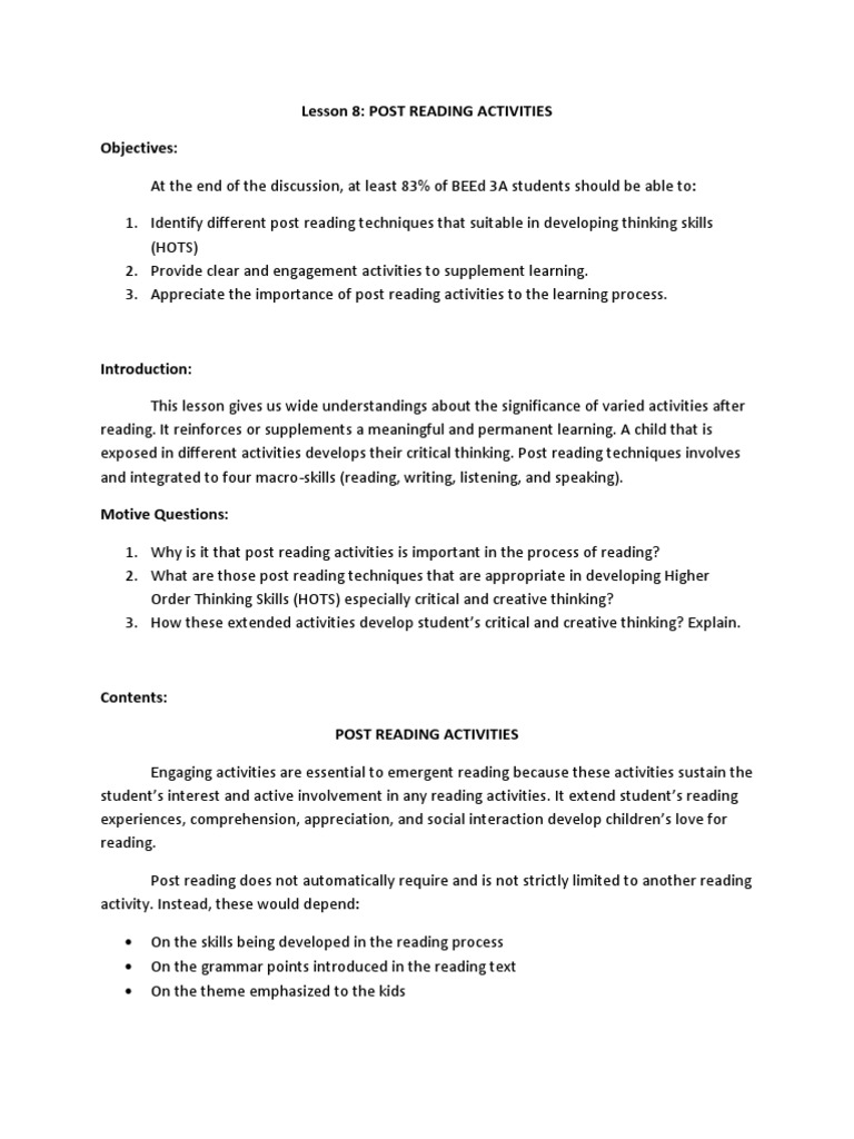 Post Reading Activities for Critical Thinking | PDF | Reading ...
