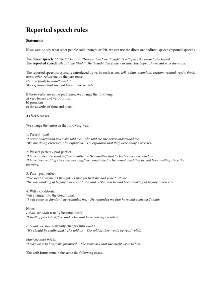 Reported Speech Rules: Statements | PDF | Onomastics | Morphology