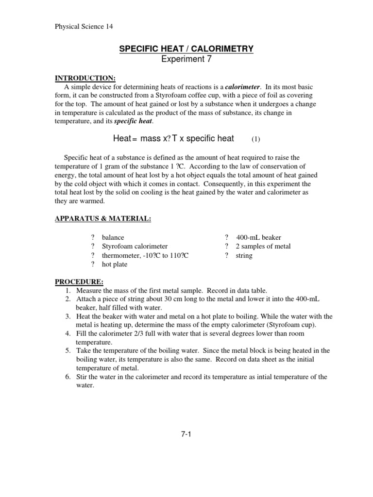 Lab 07Specific Heat & Calorimetry PDF PDF Heat Temperature