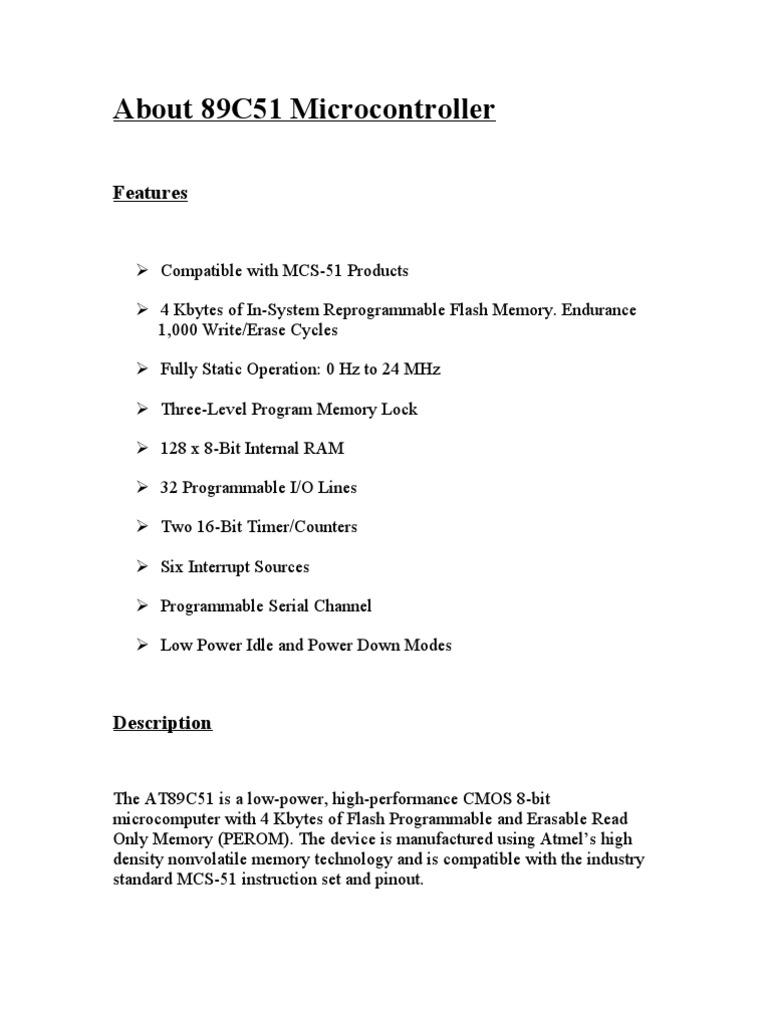 Overview of AT89C51 Microcontroller | PDF | Computers