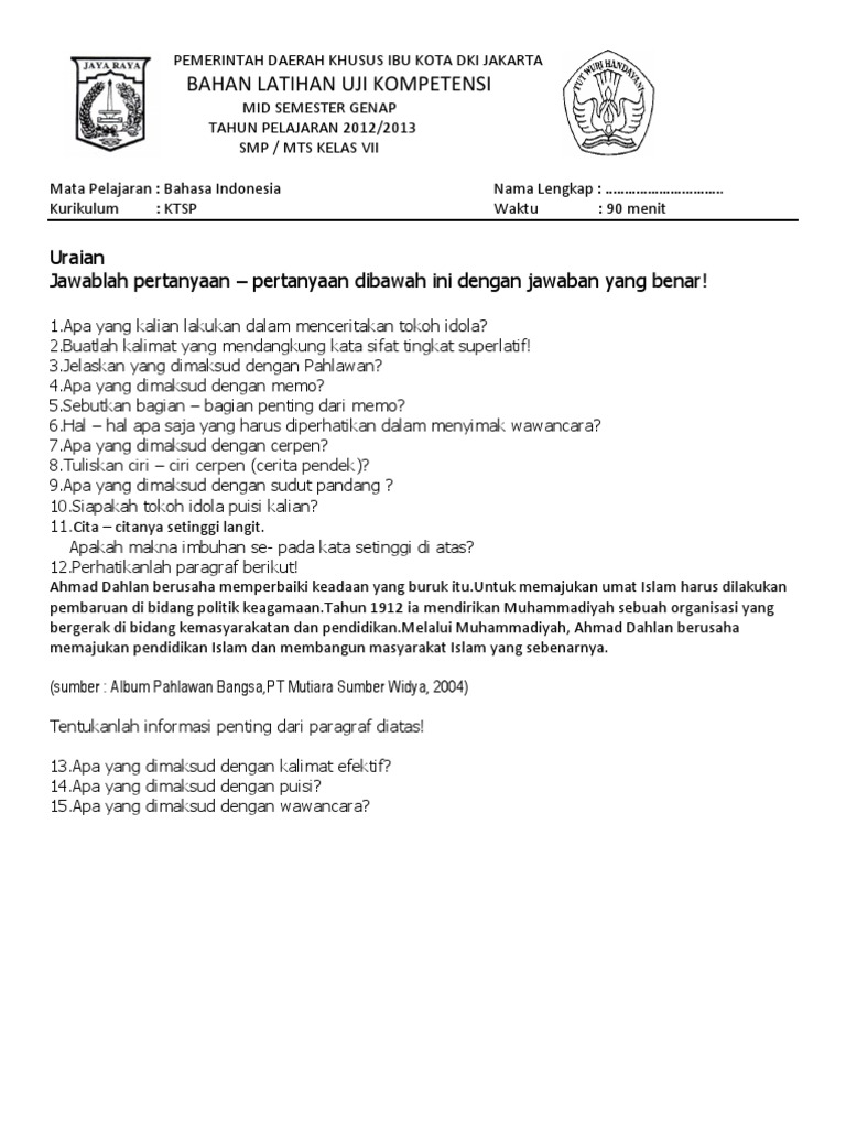 Soal Latihan Uraian Mid B Indo