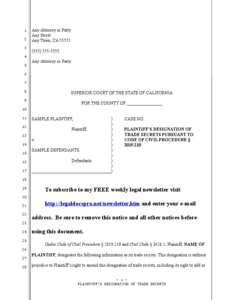 Sample Designation of Trade Secrets For California | PDF | Trade Secret ...
