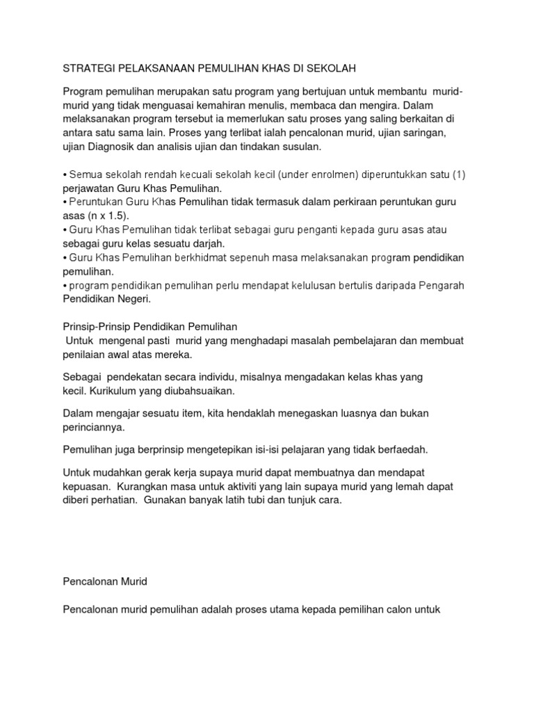 Strategi Pelaksanaan Pemulihan Khas Di Sekolah Pdf