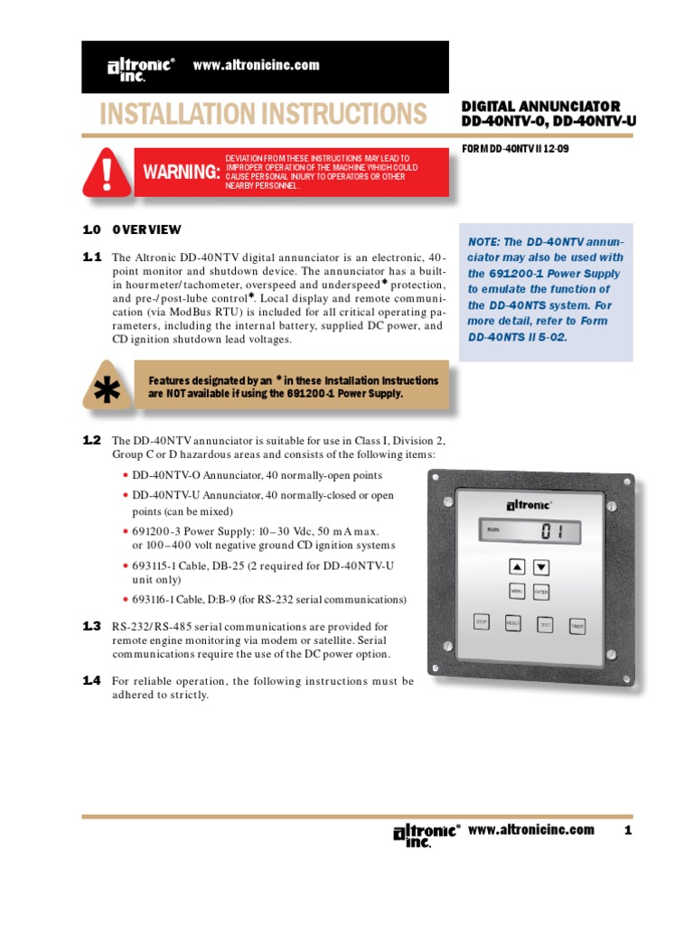 Altronic DD-40NTV-II Installation Instructions (FORM DD-40NTV II