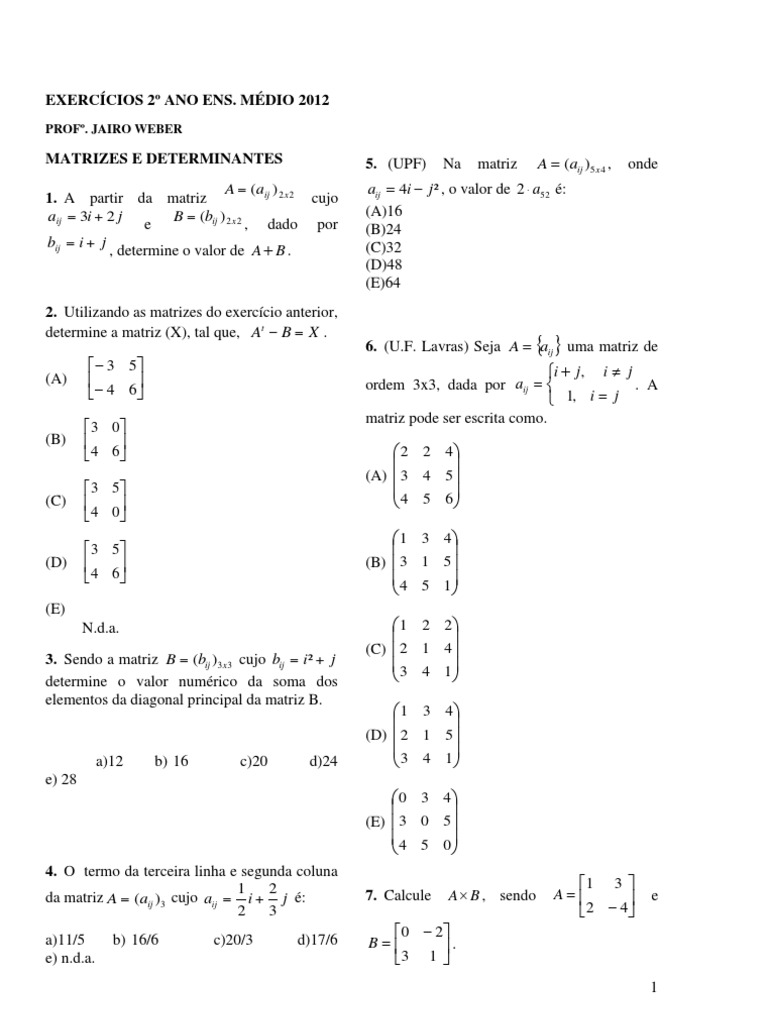 Lista De Exercícios Sobre Matrizes E Determinantes