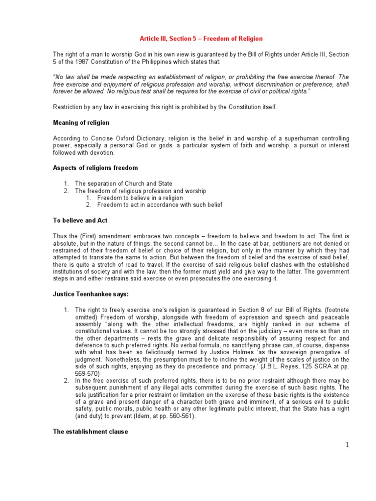Article Iii Freedom Of Religion Free Exercise Clause Establishment Clause