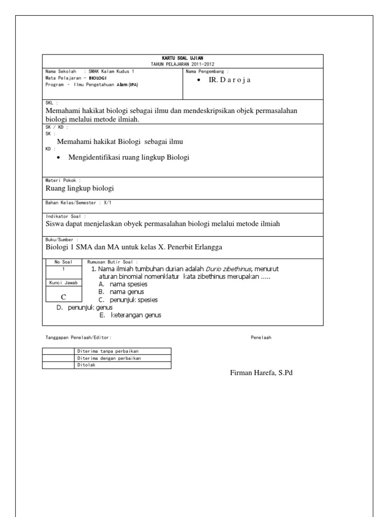 Kartu Soal To Biologi
