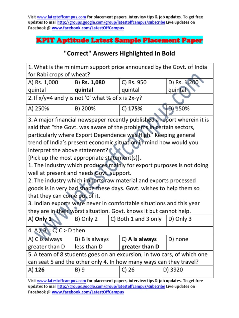 KPIT Aptitude Placement Paper Insights | PDF | Test (Assessment ...