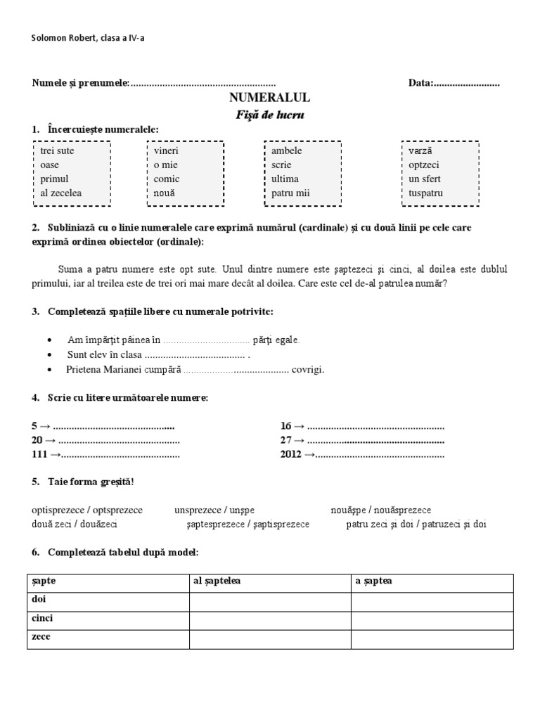 0 Numeralul Fisa de Lucru