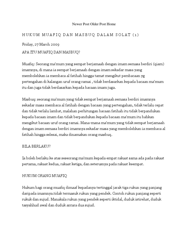 Hukum Muafiq Dan Masbuq Dalam Solat