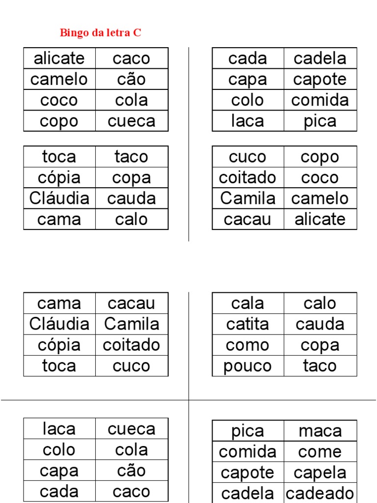 Bingo de Palavras simples com fichas e cartelas para imprimir