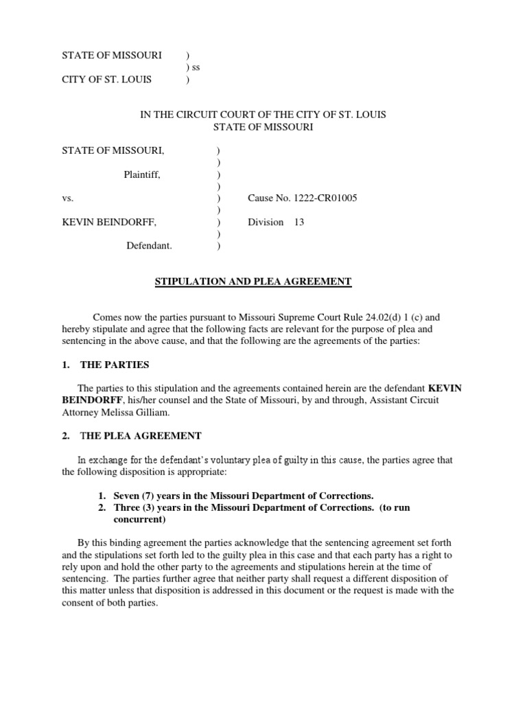 Missouri Plea Agreement: Beindorff Case | PDF | Plea | Probation