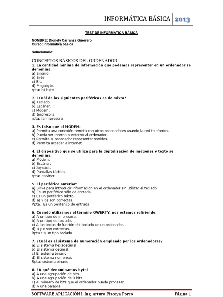 Test de Informática Básica: Preguntas y Respuestas | PDF | Periférico ...