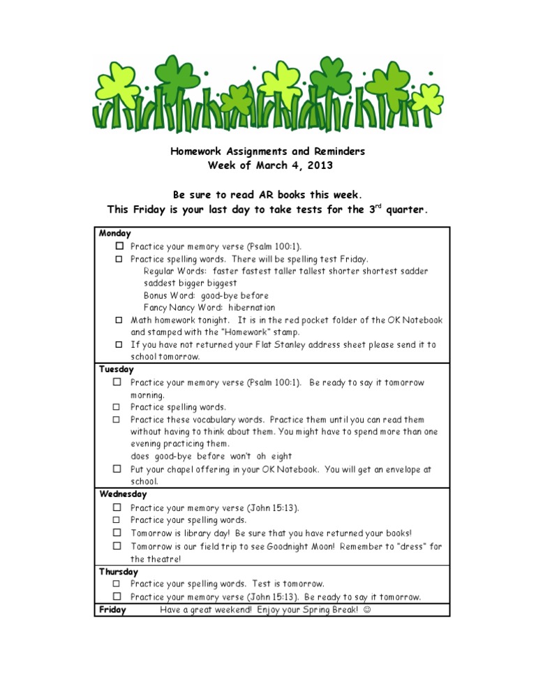 Weekly Homework and Reminders | PDF