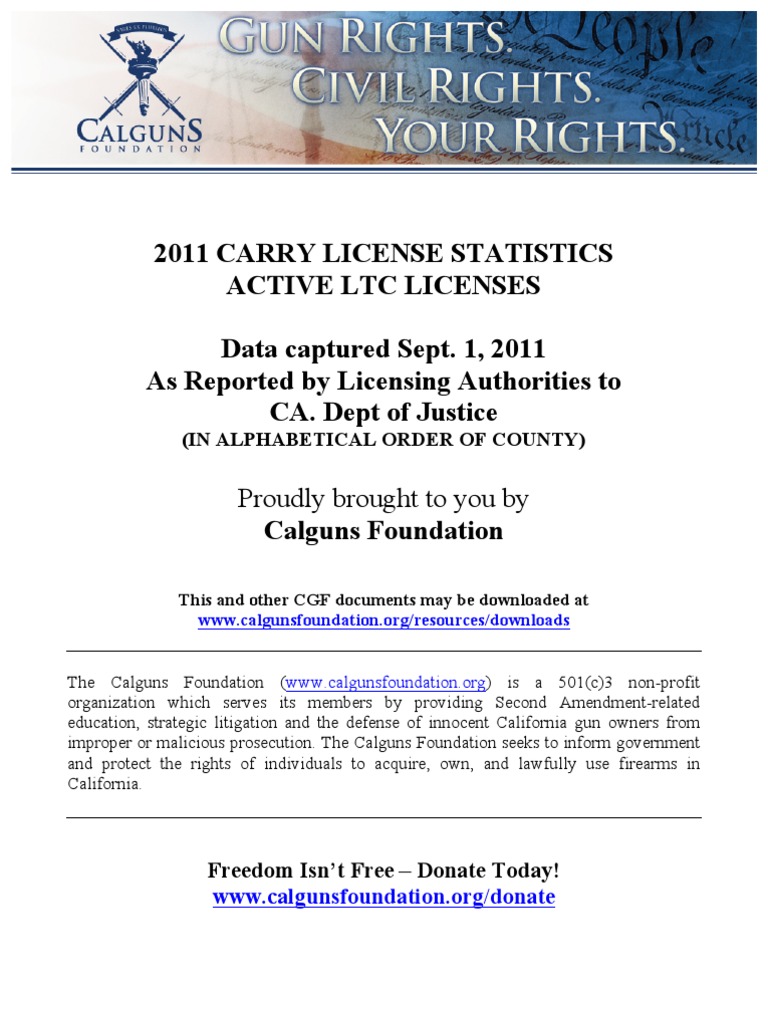 The Calguns Foundation Report On California Carry License Issuance,  Statewide and by County - 2011 | PDF | Concealed Carry In The United States  | Security