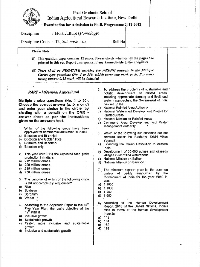 IARI PhD Entrance Question Paper 2011 Horticulture (Pomology) Citrus Orange (Fruit)
