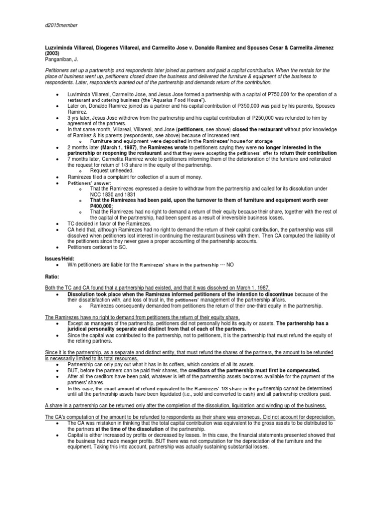 Villareal v. Ramirez | PDF | Partnership | Equity (Finance)