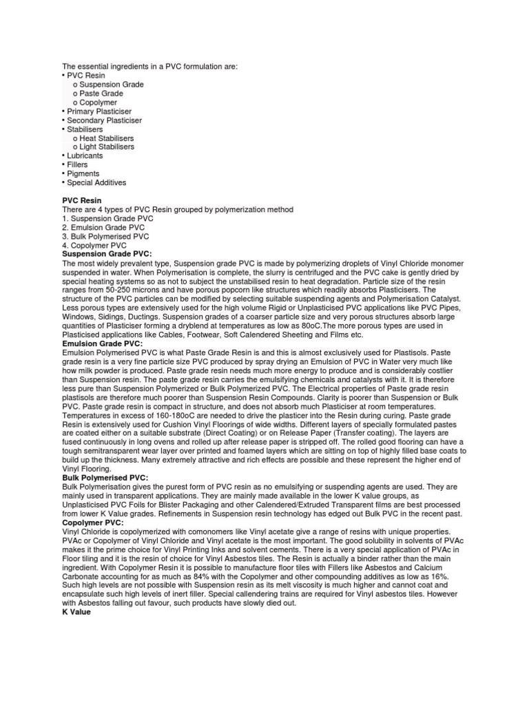 The Essential Ingredients in A PVC Formulation Are PDF Polyvinyl