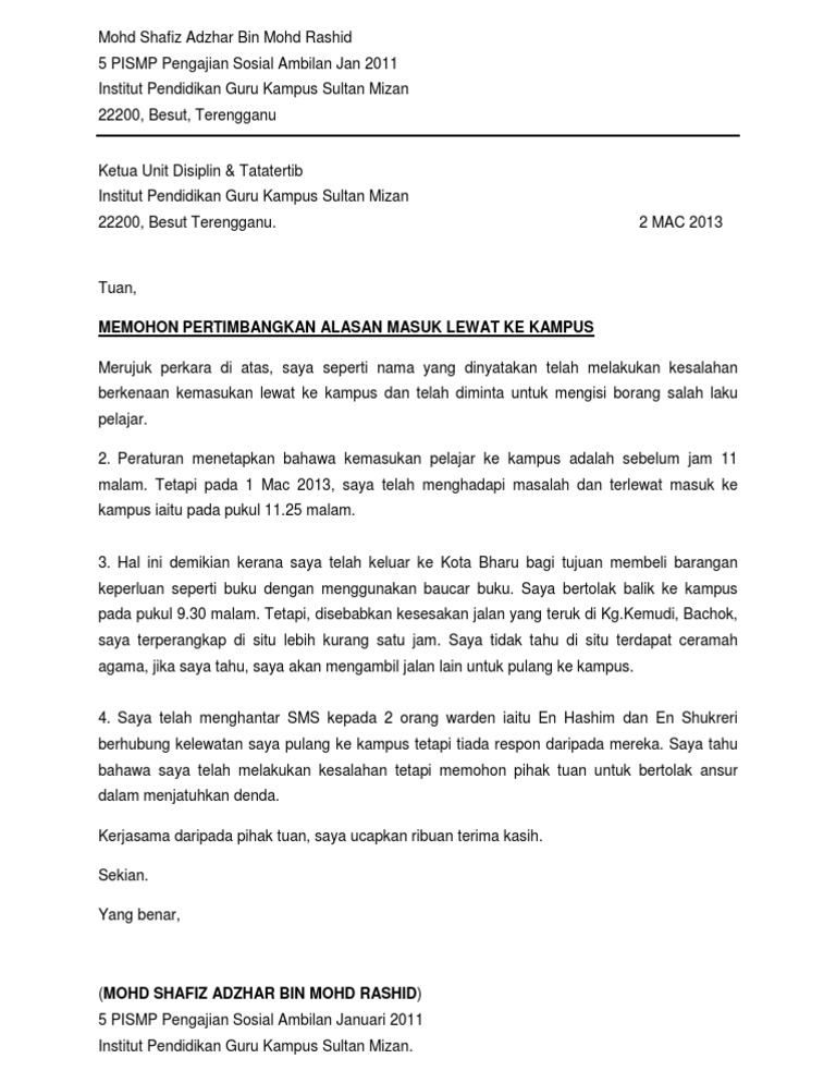 Surat Permohonan Masuk Lambat Pdf