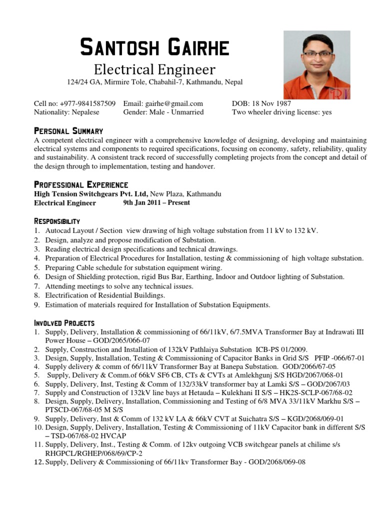 Sample resume of electrical design engineer