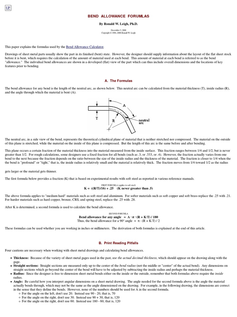 Bend Allowance Formulas | PDF