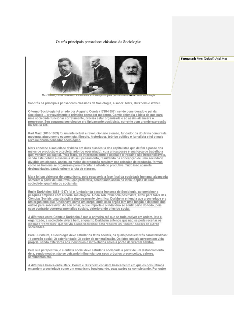 Pensadores Clássicos da Sociologia | PDF | Émile Durkheim | Sociologia